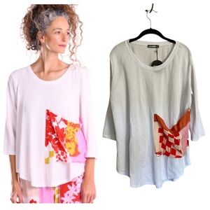 NWT Alembike white oversized printed pocket tee 3/4 sleeves size 2 lagenlook
